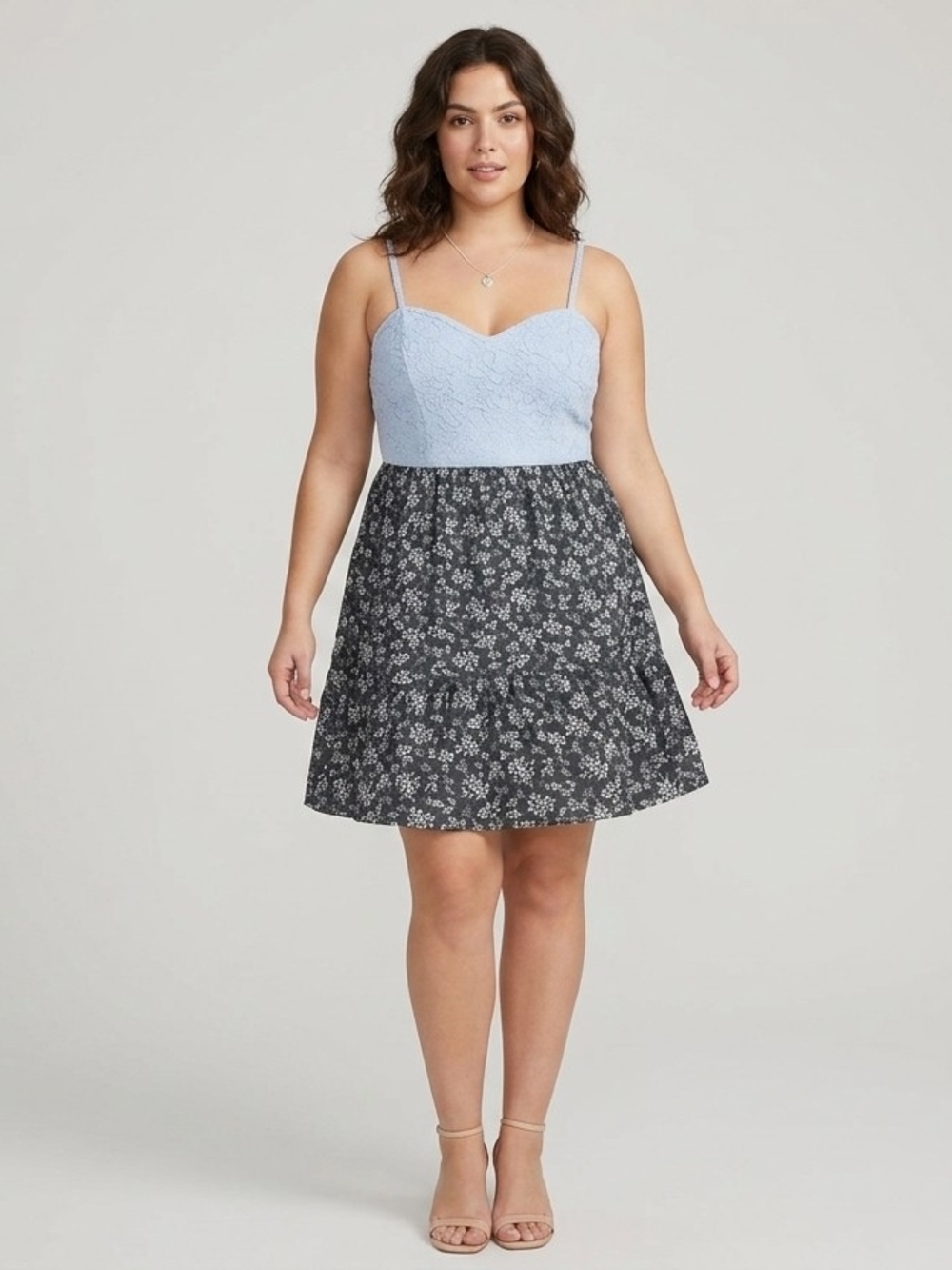 No Boundaries White Lace Bodice with Black & Green Floral Skater Skirt